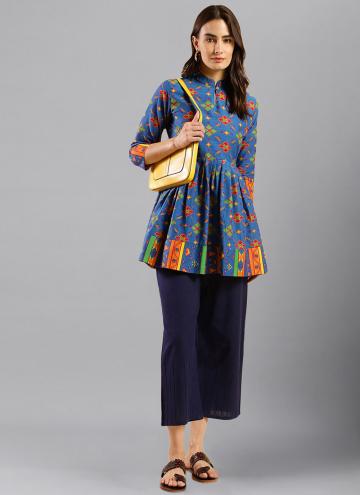 Blue Casual Kurti in Cotton  with Printed