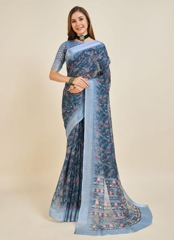 Blue Casual Saree in Linen with Printed