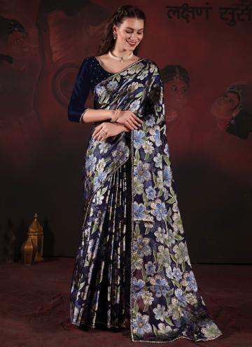 Blue Classic Designer Saree in Brasso with Diamond
