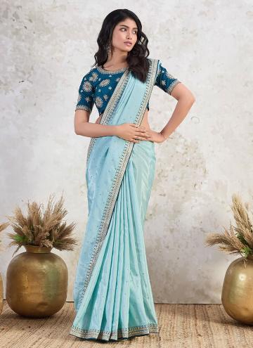 Blue color Embroidered Tissue Trendy Saree