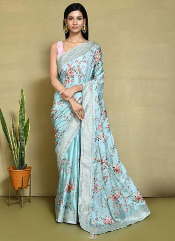 Blue Satin Silk Embroidered Classic Designer Saree