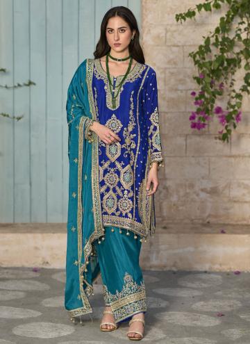 Blue Trendy Salwar Kameez in Chinon with Embroider