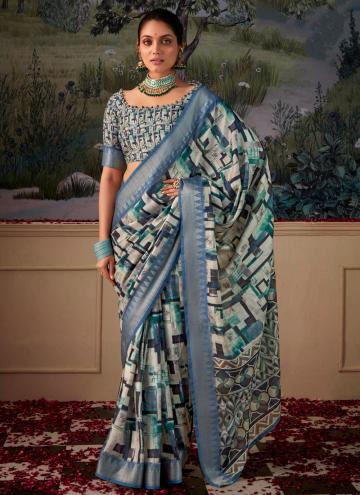 Blue Tussar Silk Printed Classic Designer Saree