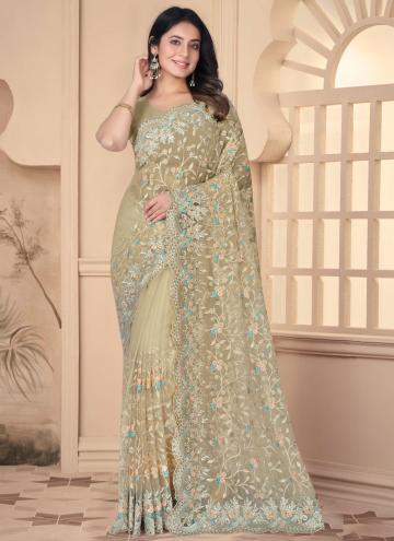 Brown color Embroidered Net Traditional Saree
