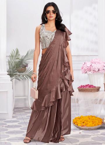 Brown color Satin Silk Trendy Saree with Plain Work