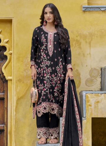 Charming Black Chinon Embroidered Trendy Salwar Kameez for Ceremonial