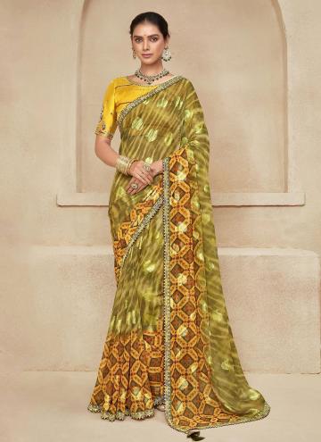 Chiffon Classic Designer Saree in Yellow Enhanced with Floral Print