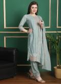 Chiffon Salwar Suit in Turquoise Enhanced with Embroidered - 3