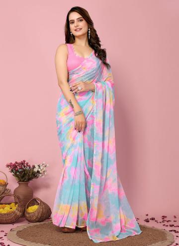 Chiffon Trendy Saree in Blue Enhanced with Printed