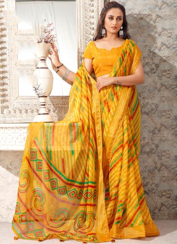Chiffon Trendy Saree in Yellow Enhanced with Print