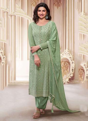 Chinon Designer Salwar Kameez in Green Enhanced with Embroidered