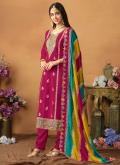Chinon Designer Salwar Kameez in Rani Enhanced with Embroidered - 1