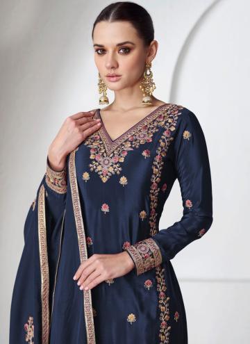Chinon Trendy Salwar Kameez in Navy Blue Enhanced with Embroidered