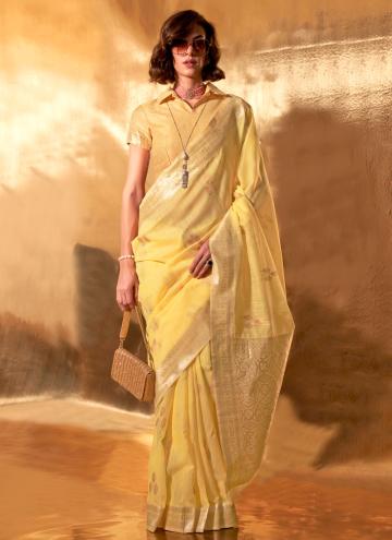 Cotton  Designer Saree in Yellow Enhanced with Woven