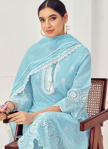 Cotton  Salwar Suit in Aqua Blue Enhanced with Embroidered