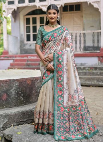 Cream and Green Tussar Silk Printed Designer Saree