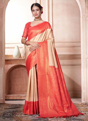 Cream and Orange Kanjivaram Silk Woven Trendy Saree