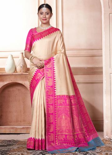 Cream and Pink color Kanjivaram Silk Classic Designer Saree with Woven