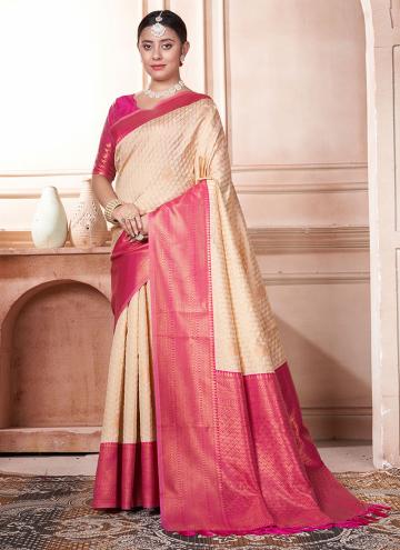Cream and Pink Kanjivaram Silk Woven Classic Designer Saree for Ceremonial