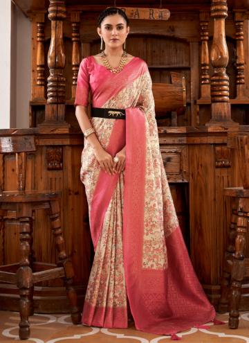 Cream and Pink Nylon Fancy work Trendy Saree for Festival