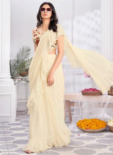 Cream color Plain Work Satin Silk Classic Designer Saree