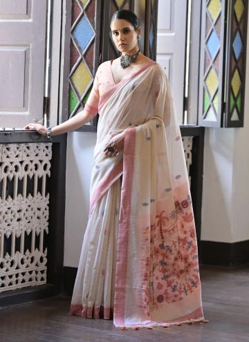 Cream Designer Saree in Cotton  with Woven
