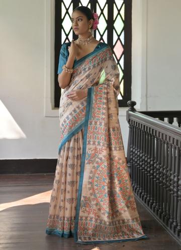 Cream Tussar Silk Printed Designer Saree for Ceremonial