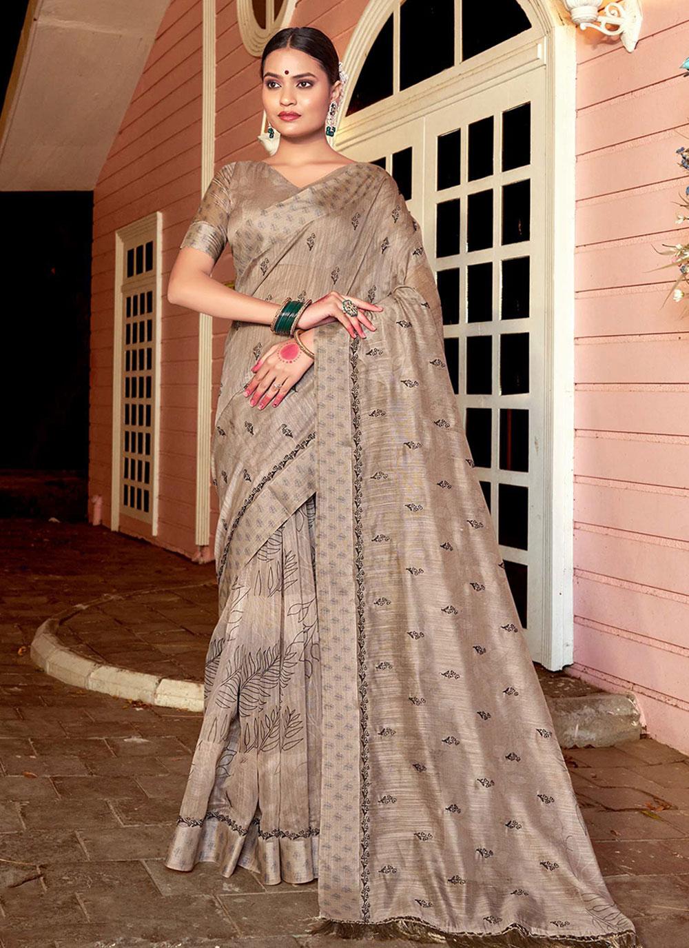 Dazzling Beige Chanderi Cotton Embroidered Contemporary Saree
