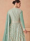 Dazzling Embroidered Georgette Sea Green Readymade Anarkali Salwar Suit - 1