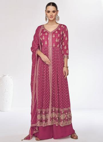 Dazzling Hot Pink Chinon Embroidered Salwar Suit