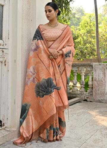 Dazzling Orange Cotton Silk Floral Print Contemporary Saree