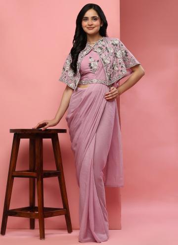 Dazzling Plain Work Chiffon Pink Designer Saree
