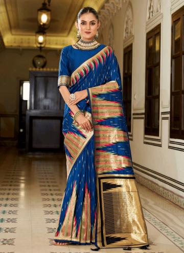 Dazzling Woven Silk Navy Blue Designer Ready Pleated Saree