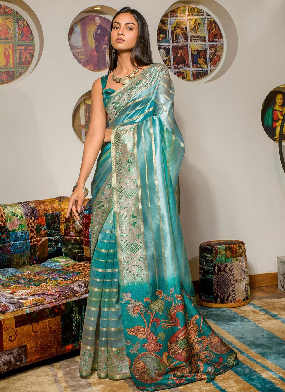 Digital Print Silk Turquoise Classic Designer Saree