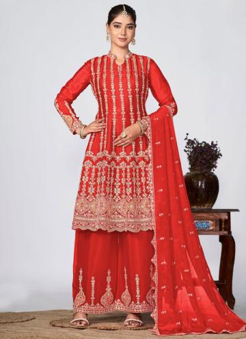 Embroidered Chinon Red Readymade Designer Salwar Suit