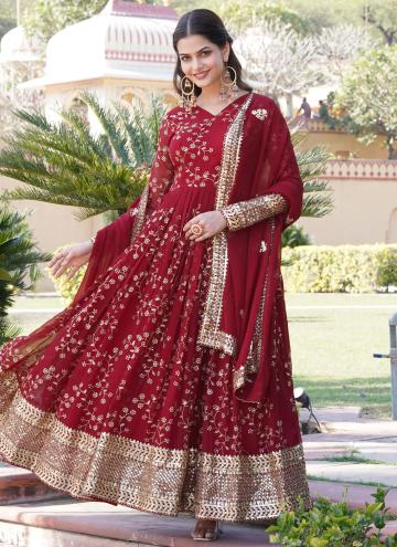 Embroidered Faux Georgette Maroon Readymade Designer Gown