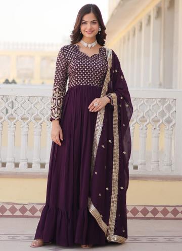Embroidered Faux Georgette Wine Readymade Designer Gown