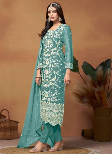 Embroidered Organza Turquoise Pakistani Suit