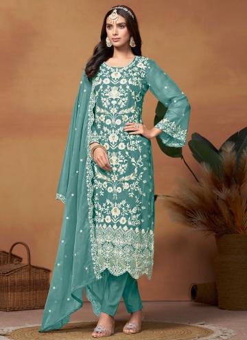 Embroidered Organza Turquoise Pakistani Suit