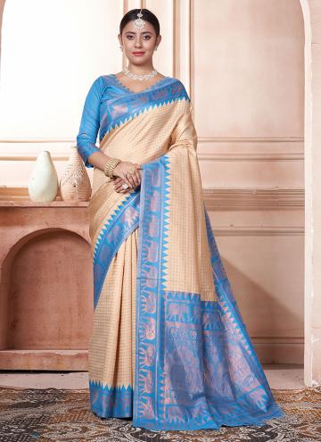 Fab Blue and Cream Kanjivaram Silk Woven Contemporary Saree for Ceremonial