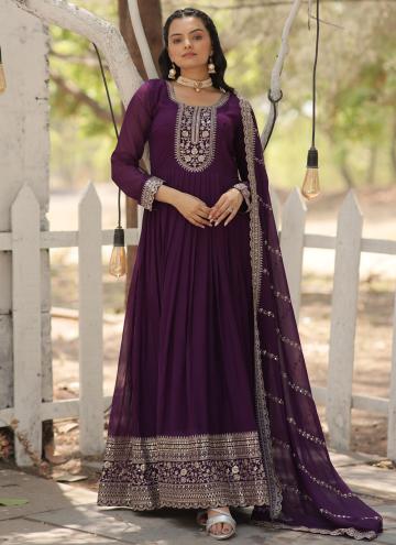 Fab Purple Faux Georgette Embroidered Gown