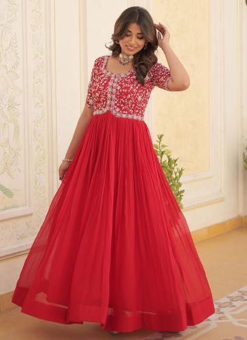 Faux Georgette Designer Gown in Red Enhanced with 