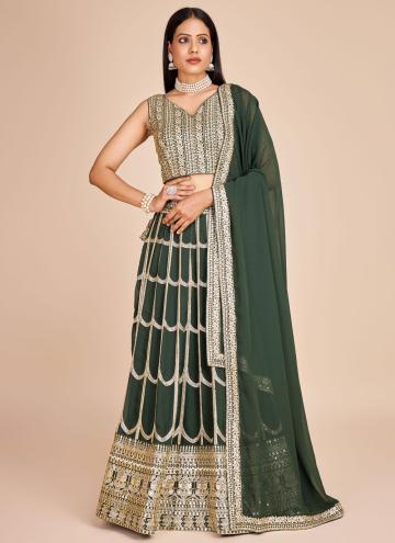 Faux Georgette Lehenga Choli in Green Enhanced with Embroidered