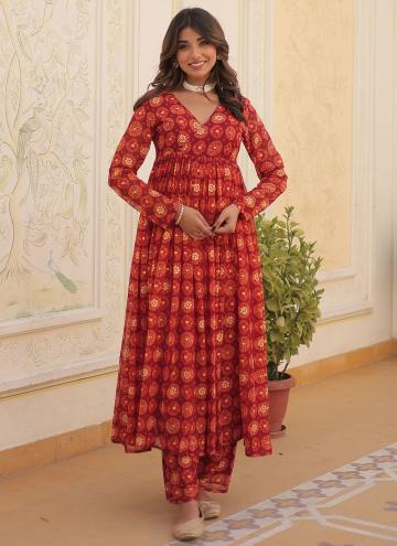 Faux Georgette Party Wear Kurti in Orange and Red Enhanced with Foil Print