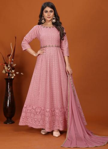 Faux Georgette Readymade Designer Gown in Pink Enhanced with Embroidered