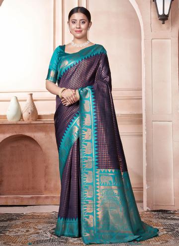 Firozi and Purple Kanjivaram Silk Woven Designer Saree