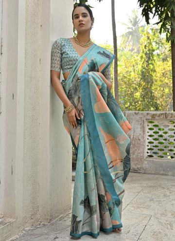 Firozi Cotton Silk Floral Print Traditional Saree for Casual