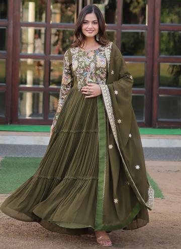 Floral Print Faux Georgette Green Gown