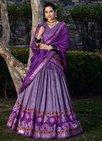 Floral Print Tussar Silk Purple A Line Lehenga Choli