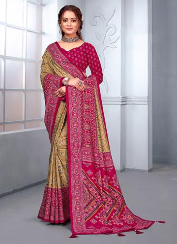 Foil Print Silk Beige and Pink Contemporary Saree